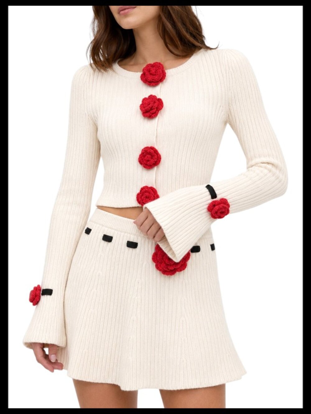 For Love & Lemons Roxana Cardigan Skirt Set Cream Red Rosette Knit M